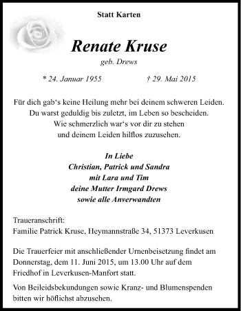 Anzeige von Renate Kruse von Kölner Stadt-Anzeiger / Kölnische Rundschau / Express