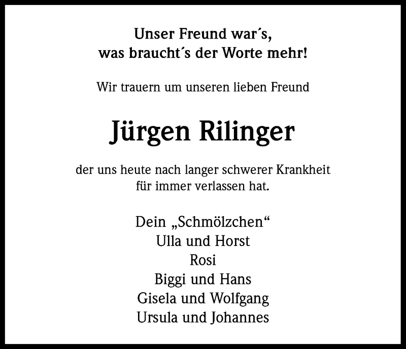  Traueranzeige für Jürgen Rilinger vom 27.03.2015 aus Kölner Stadt-Anzeiger / Kölnische Rundschau / Express