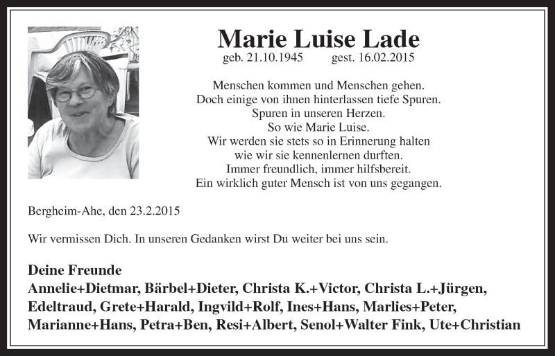  Traueranzeige für Marie Luise Lade vom 25.02.2015 aus  Werbepost 