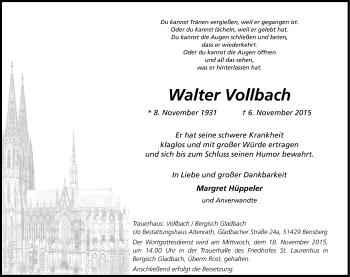Anzeige von Walter Vollbach von Kölner Stadt-Anzeiger / Kölnische Rundschau / Express