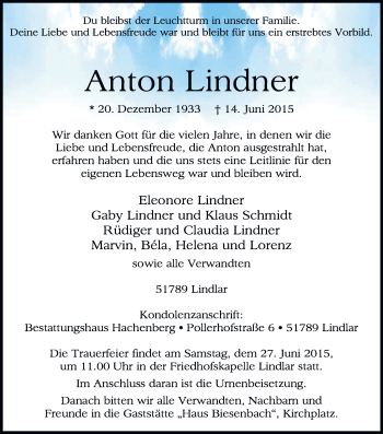 Anzeige von Anton Lindner von Kölner Stadt-Anzeiger / Kölnische Rundschau / Express