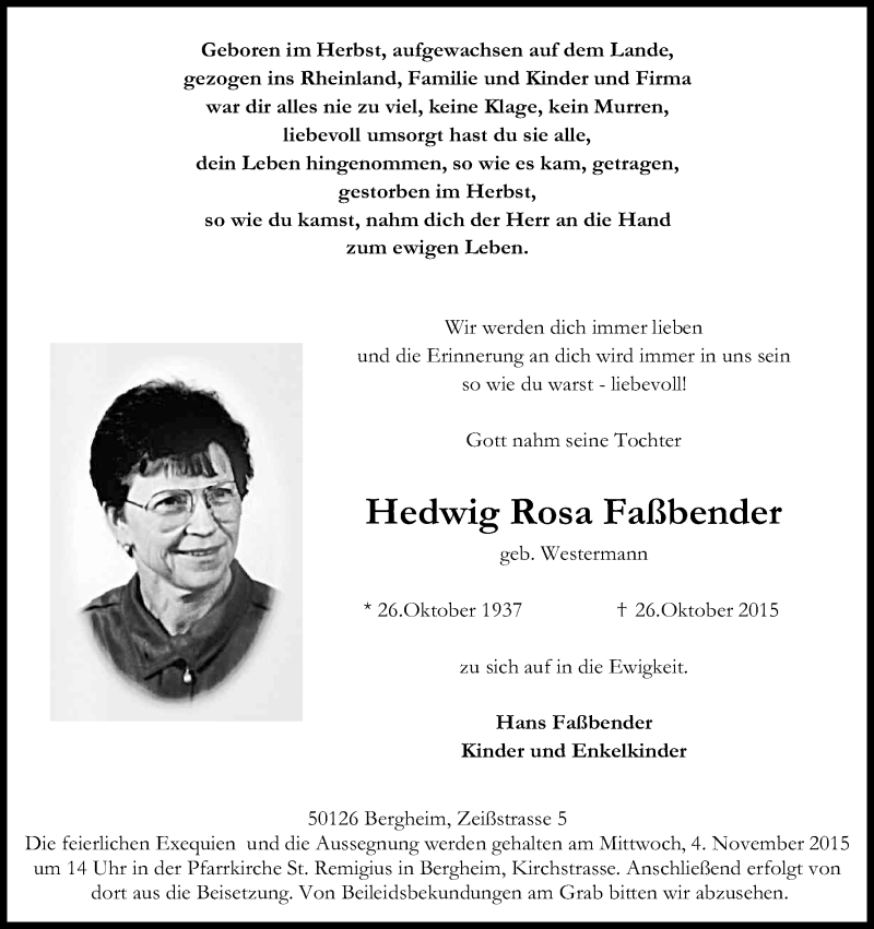  Traueranzeige für Hedwig Rosa Faßbender vom 31.10.2015 aus Kölner Stadt-Anzeiger / Kölnische Rundschau / Express