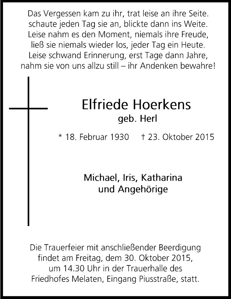  Traueranzeige für Elfriede Hoerkens vom 28.10.2015 aus Kölner Stadt-Anzeiger / Kölnische Rundschau / Express