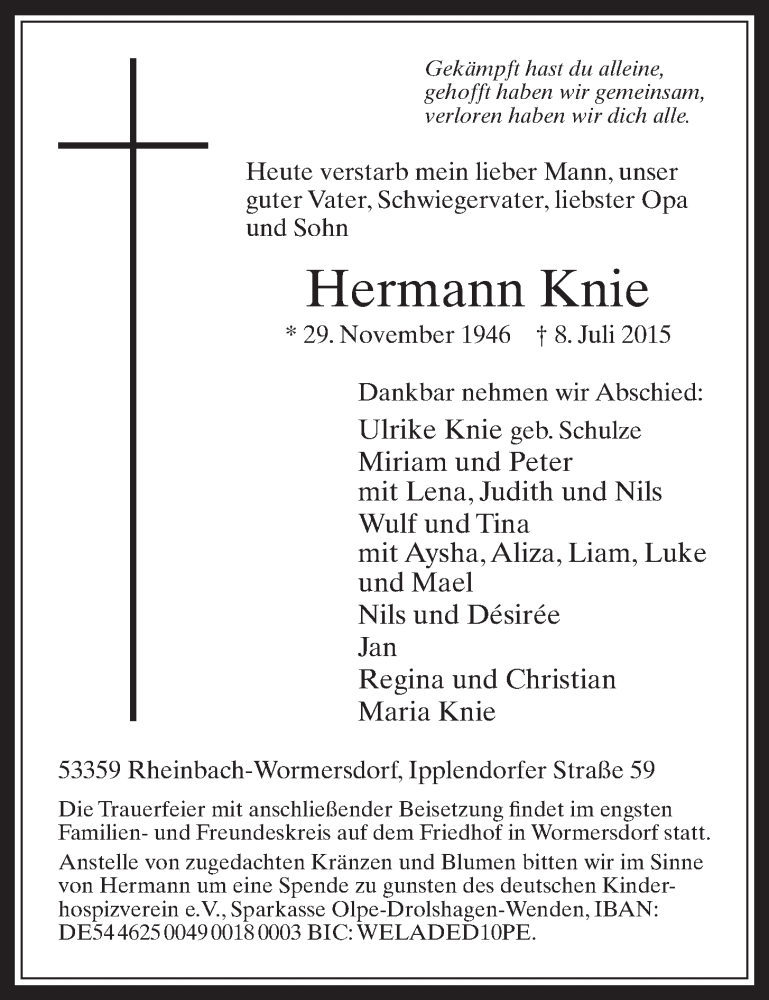  Traueranzeige für Hermann Knie vom 15.07.2015 aus  Schaufenster/Blickpunkt 