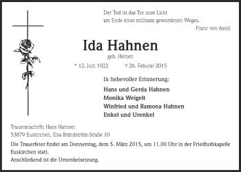 Anzeige von Ida Hahnen von  Blickpunkt Euskirchen 