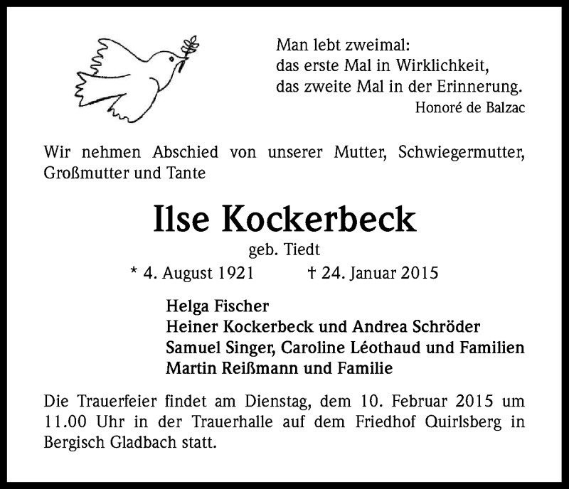  Traueranzeige für Ilse Kockerbeck vom 07.02.2015 aus Kölner Stadt-Anzeiger / Kölnische Rundschau / Express