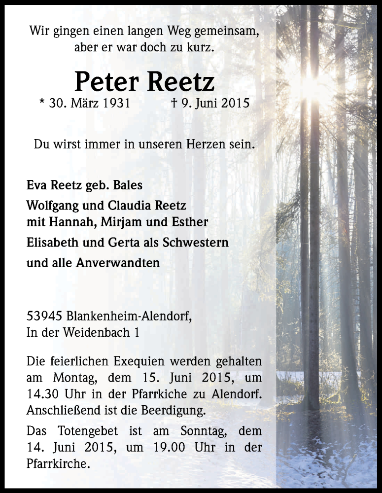  Traueranzeige für Peter Reetz vom 12.06.2015 aus Kölner Stadt-Anzeiger / Kölnische Rundschau / Express