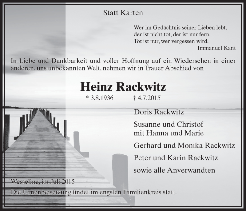  Traueranzeige für Heinz Rackwitz vom 15.07.2015 aus  Schlossbote/Werbekurier 