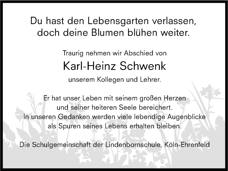 Traueranzeige für Karl-Heinz Schwenk vom 27.05.2015 aus Kölner Stadt-Anzeiger / Kölnische Rundschau / Express