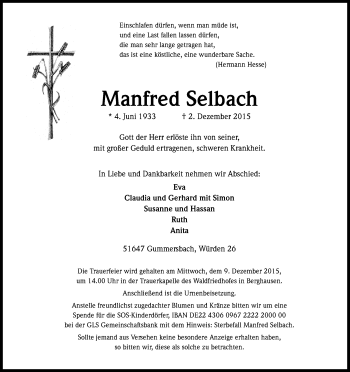 Anzeige von Manfred Selbach von Kölner Stadt-Anzeiger / Kölnische Rundschau / Express