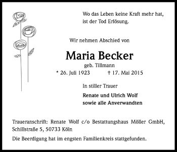 Anzeige von Maria Becker von Kölner Stadt-Anzeiger / Kölnische Rundschau / Express