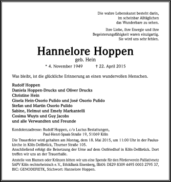 Anzeige von Hannelore Hoppen von Kölner Stadt-Anzeiger / Kölnische Rundschau / Express