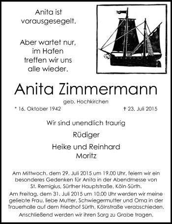 Anzeige von Anita Zimmermann von  Kölner Wochenspiegel 