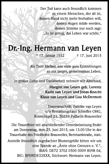 Anzeige von Hermann  van Leyen von Kölner Stadt-Anzeiger / Kölnische Rundschau / Express