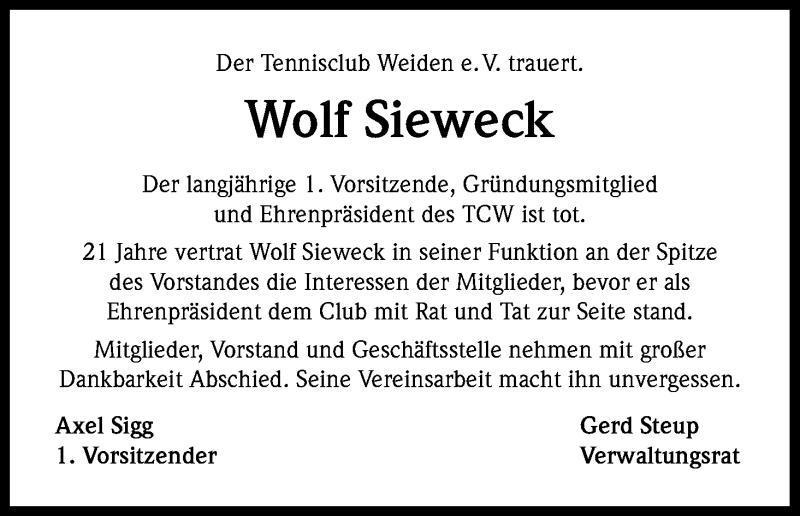  Traueranzeige für Wolf Sieweck vom 18.04.2015 aus Kölner Stadt-Anzeiger / Kölnische Rundschau / Express