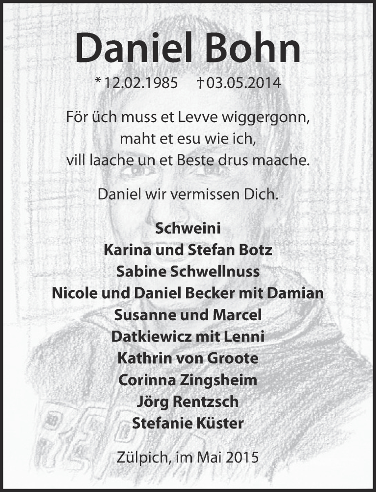  Traueranzeige für Daniel Bohn vom 03.05.2015 aus  Blickpunkt Euskirchen 