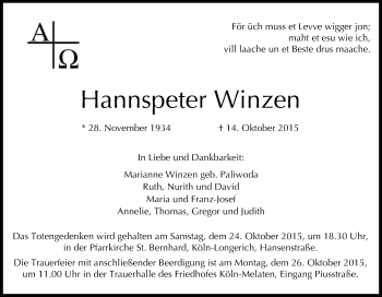 Anzeige von Hannspeter Winzen von Kölner Stadt-Anzeiger / Kölnische Rundschau / Express