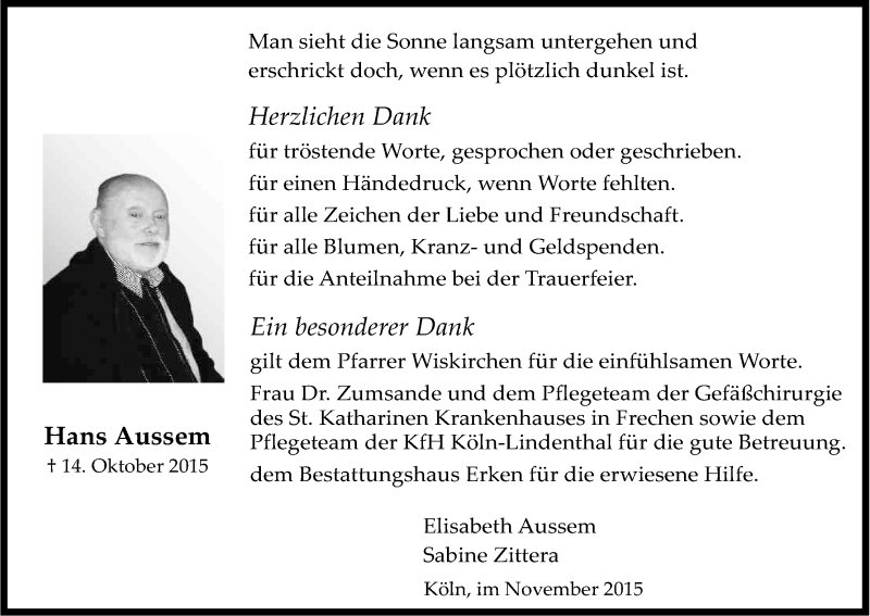  Traueranzeige für Hans Aussem vom 28.11.2015 aus Kölner Stadt-Anzeiger / Kölnische Rundschau / Express