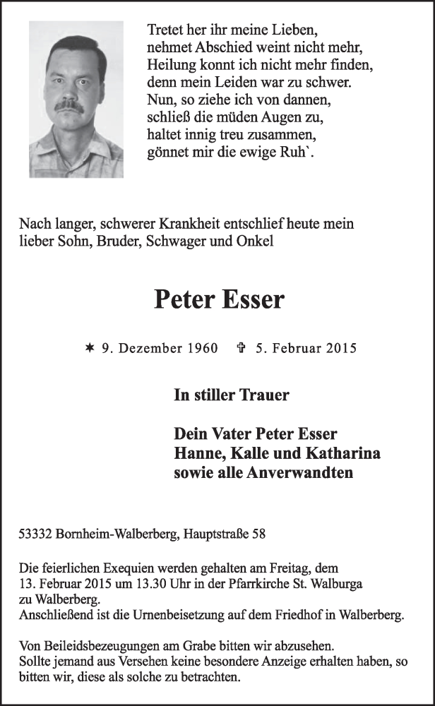  Traueranzeige für Peter Esser vom 11.02.2015 aus  Schlossbote/Werbekurier 