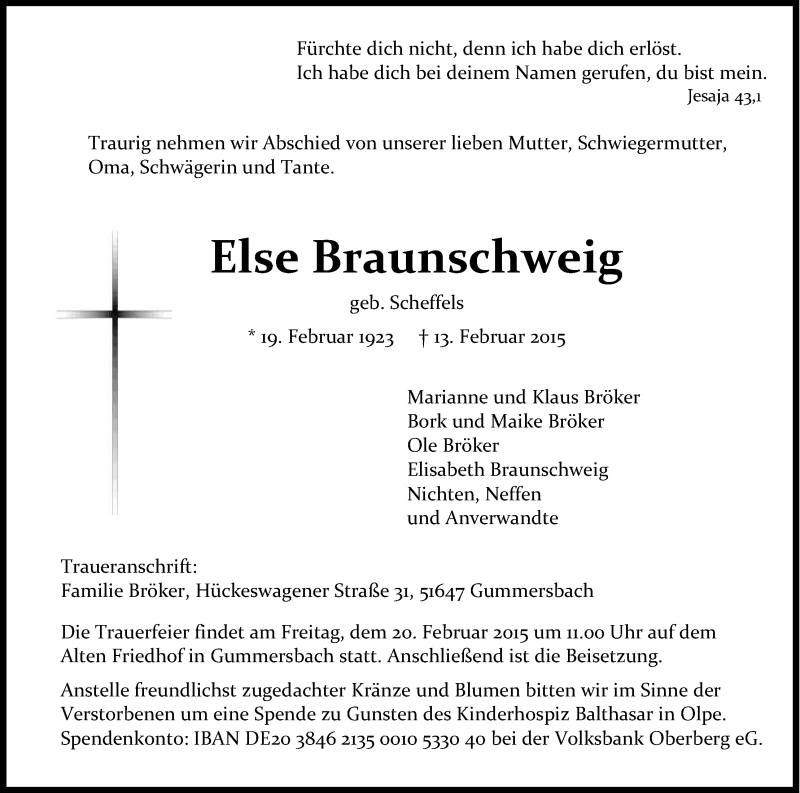  Traueranzeige für Else Braunschweig vom 18.02.2015 aus Kölner Stadt-Anzeiger / Kölnische Rundschau / Express