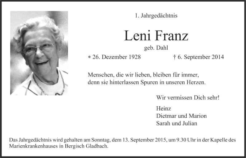  Traueranzeige für Leni Franz vom 09.09.2015 aus  Bergisches Handelsblatt 