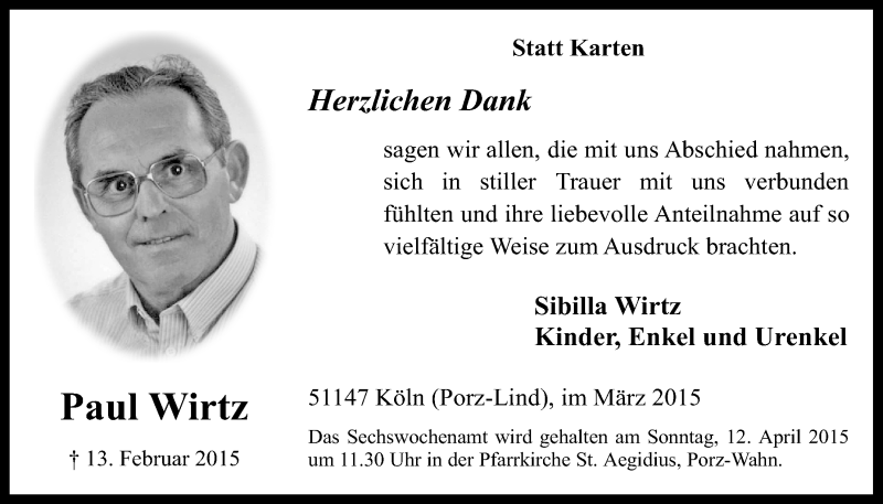 Traueranzeige für Paul Wirtz vom 18.03.2015 aus  Kölner Wochenspiegel 
