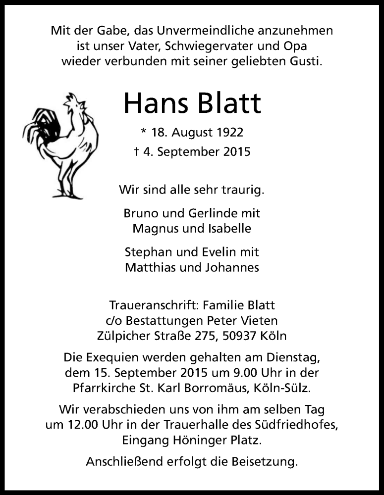  Traueranzeige für Hans Blatt vom 09.09.2015 aus Kölner Stadt-Anzeiger / Kölnische Rundschau / Express