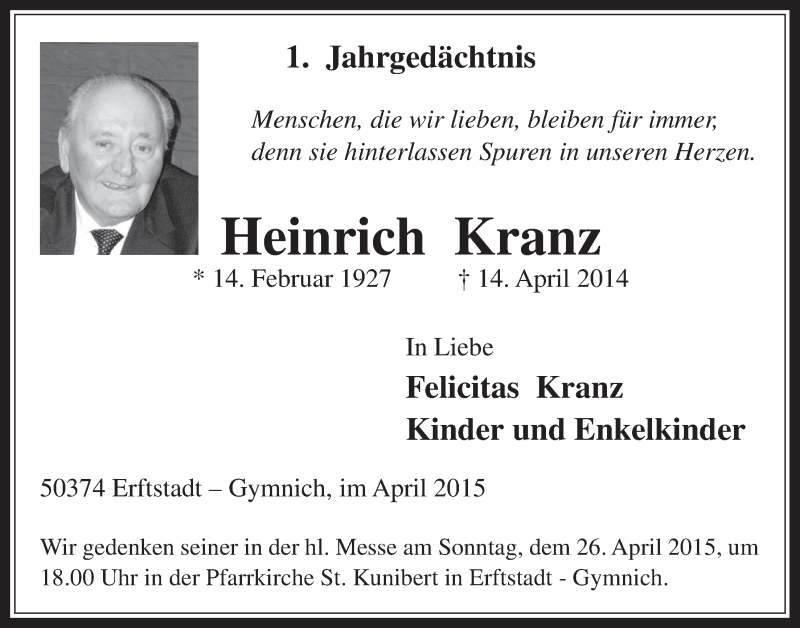  Traueranzeige für Heinrich Kranz vom 22.04.2015 aus  Werbepost 