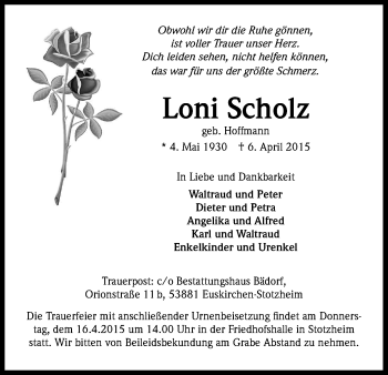 Anzeige von Loni Scholz von Kölner Stadt-Anzeiger / Kölnische Rundschau / Express