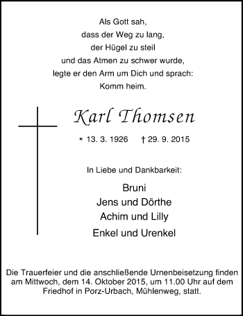 Anzeige von Karl Thomsen von  Kölner Wochenspiegel 
