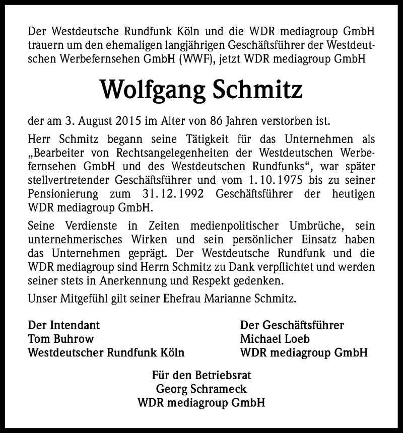  Traueranzeige für Wolfgang Schmitz vom 08.08.2015 aus Kölner Stadt-Anzeiger / Kölnische Rundschau / Express