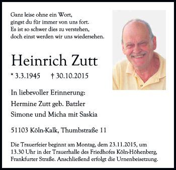 Anzeige von Heinrich Zutt von Köln - Wir Trauern