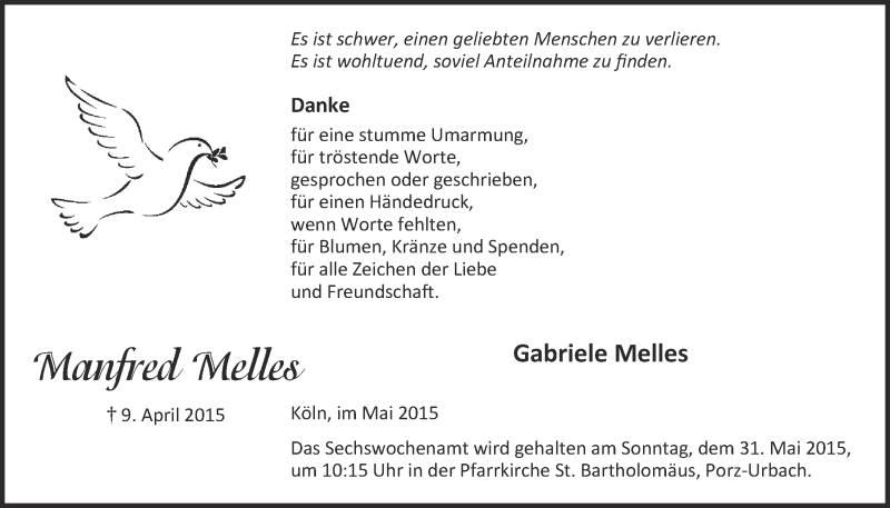  Traueranzeige für Manfred Melles vom 20.05.2015 aus  Kölner Wochenspiegel 
