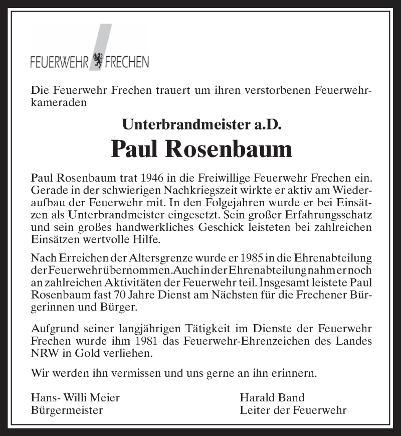  Traueranzeige für Paul Rosenbaum vom 15.07.2015 aus  Wochenende 