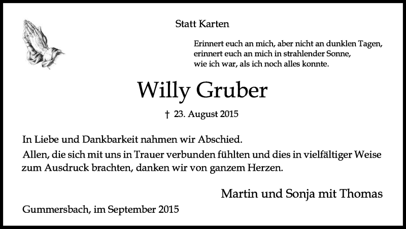  Traueranzeige für Willy Gruber vom 24.09.2015 aus Kölner Stadt-Anzeiger / Kölnische Rundschau / Express
