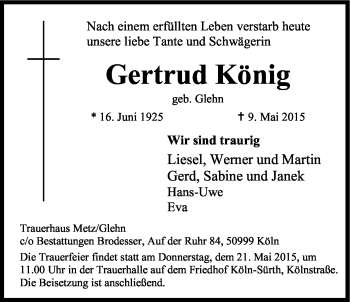 Anzeige von Gertrud König von Kölner Stadt-Anzeiger / Kölnische Rundschau / Express