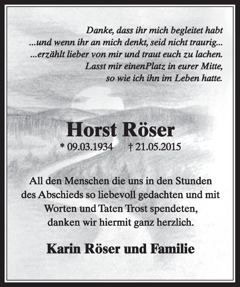 Traueranzeige für Horst Röser vom 01.08.2015 aus  Sonntags-Post 