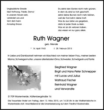 Anzeige von Ruth Wagner von Kölner Stadt-Anzeiger / Kölnische Rundschau / Express
