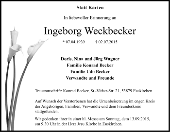 Anzeige von Ingeborg Weckbecker von Kölner Stadt-Anzeiger / Kölnische Rundschau / Express