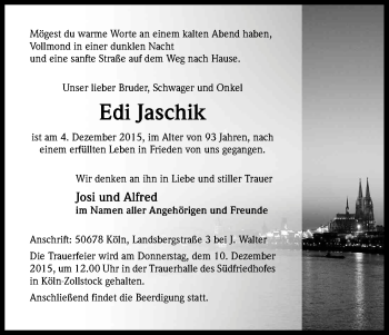 Anzeige von Edi Jaschik von Kölner Stadt-Anzeiger / Kölnische Rundschau / Express