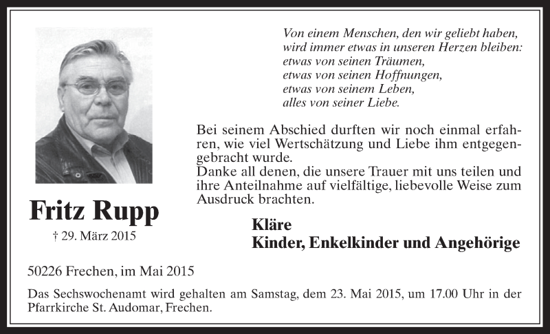  Traueranzeige für Fritz Rupp vom 06.05.2015 aus  Wochenende 