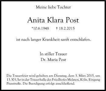 Anzeige von Anita Klara Post von Kölner Stadt-Anzeiger / Kölnische Rundschau / Express