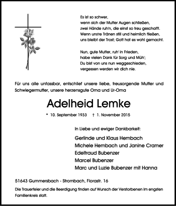 Anzeige von Adelheid Lemke von Kölner Stadt-Anzeiger / Kölnische Rundschau / Express