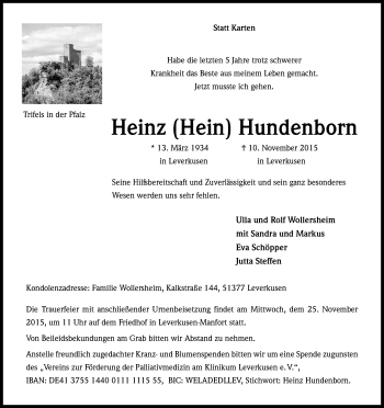 Anzeige von Heinz Hundenborn von Kölner Stadt-Anzeiger / Kölnische Rundschau / Express