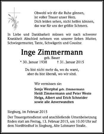 Anzeige von Inge Zimmermann von Kölner Stadt-Anzeiger / Kölnische Rundschau / Express