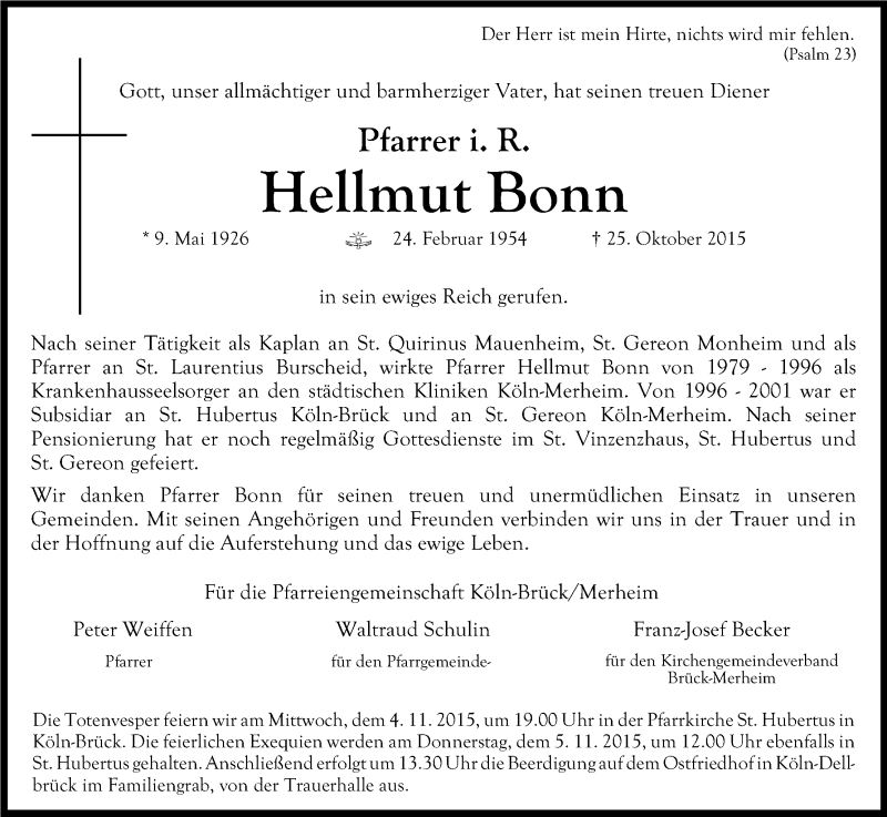  Traueranzeige für Hellmut Bonn vom 31.10.2015 aus Kölner Stadt-Anzeiger / Kölnische Rundschau / Express