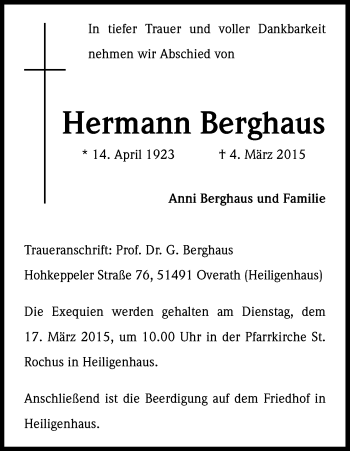 Anzeige von Hermann Berghaus von Kölner Stadt-Anzeiger / Kölnische Rundschau / Express