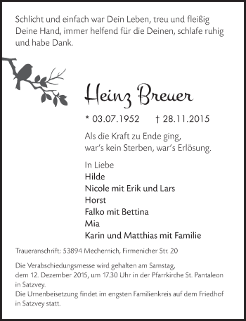 Anzeige von Heinz Breuer von  Blickpunkt Euskirchen 