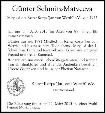 Anzeige von Günter Schmitz-Matveeva von Kölner Stadt-Anzeiger / Kölnische Rundschau / Express