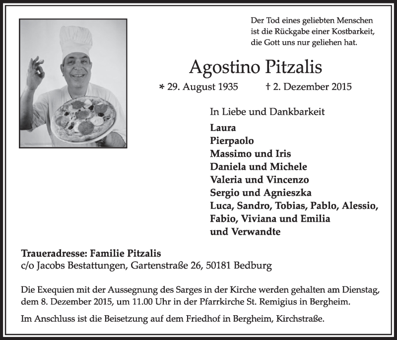  Traueranzeige für Agostino Pitzalis vom 05.12.2015 aus  Sonntags-Post 